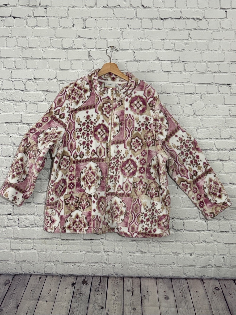Alfred Dunner Pink, Cream & Brown Patterned Zip-Front Fleece Jacket